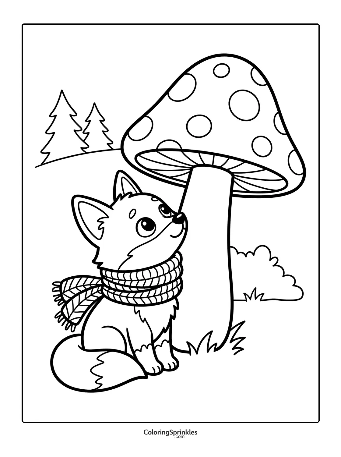 Coloring page of a fox wearing a scarf sitting by a large mushroom in a forest