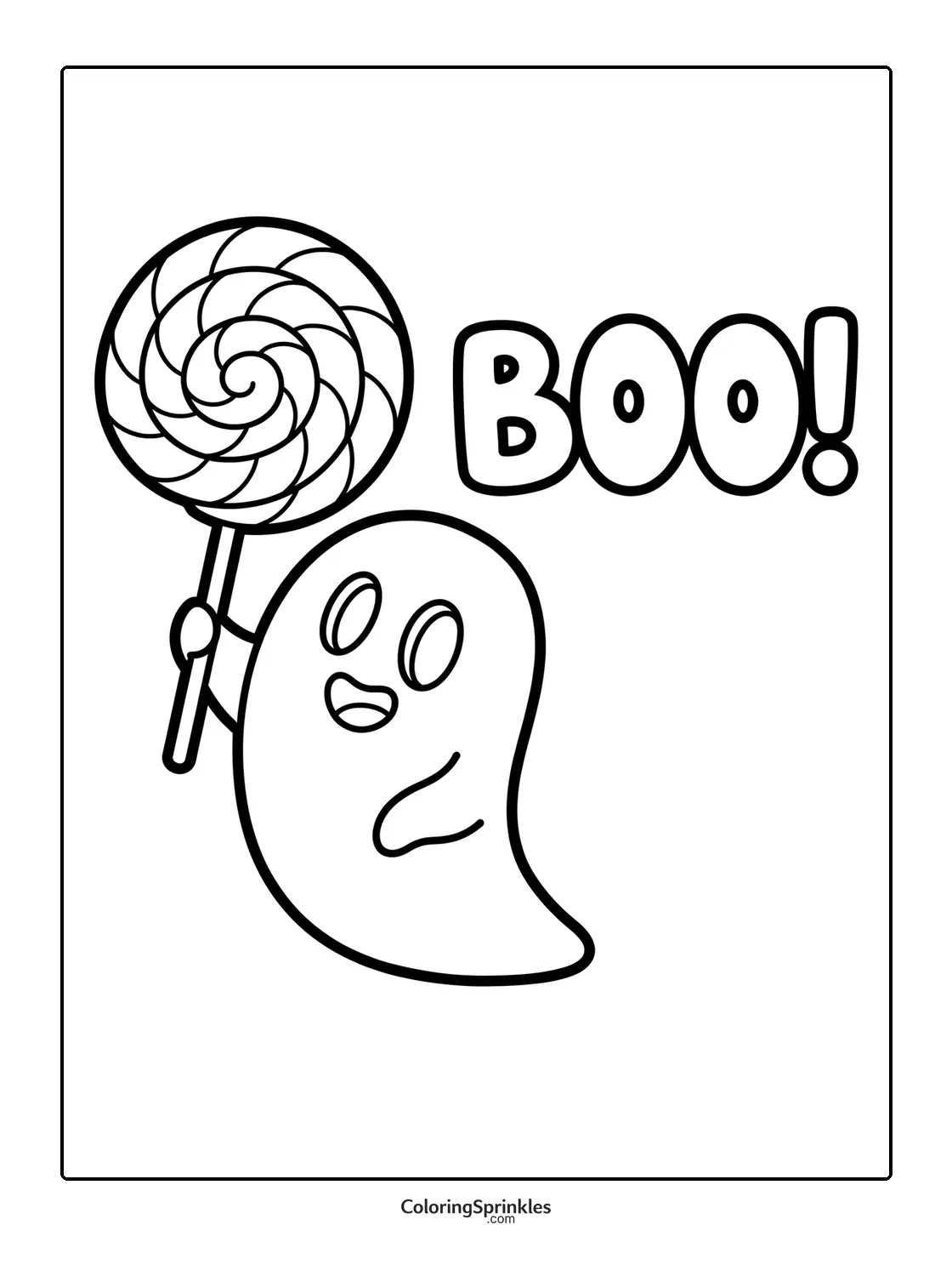 Coloring page of a happy ghost holding a lollipop with the word boo