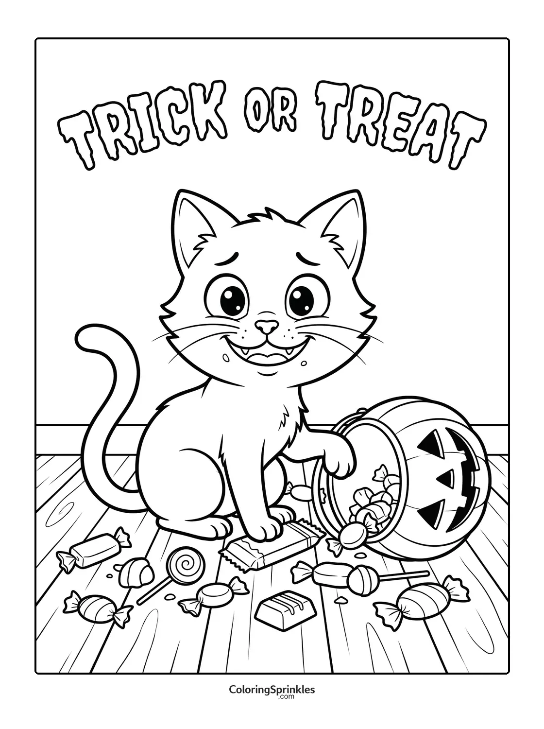 Coloring page of a Halloween cat with candy and a pumpkin bucket