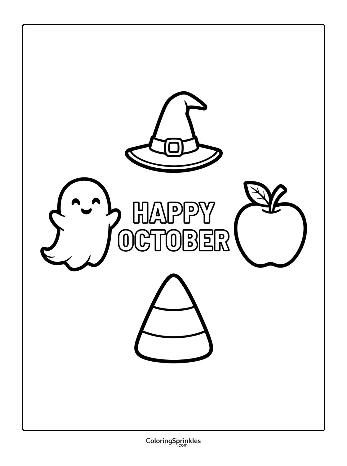 Coloring page of happy October with a ghost, witch hat, apple, and candy corn