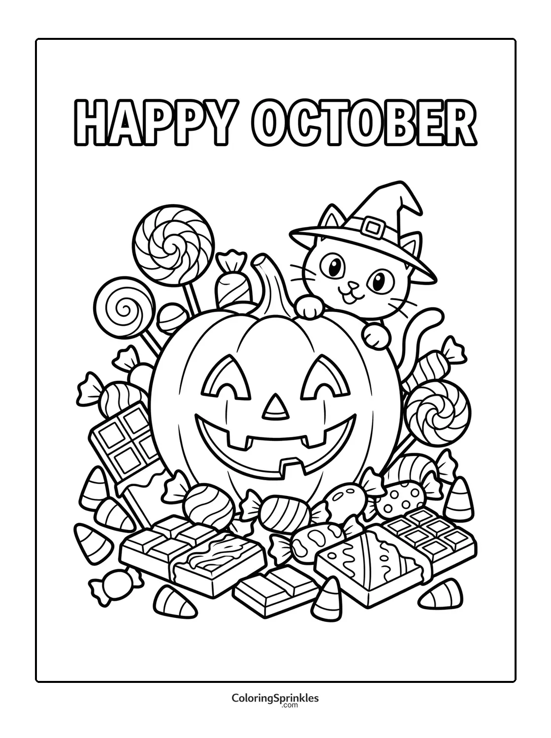 Coloring page of a happy October pumpkin with a cat and candy