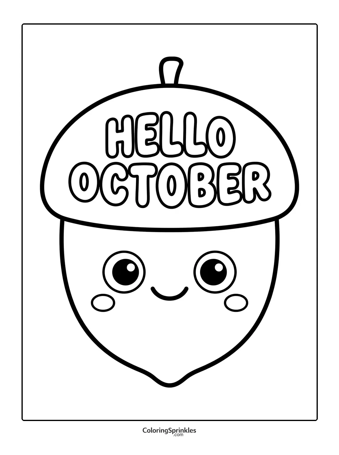 Coloring page of a smiling acorn with the words hello october