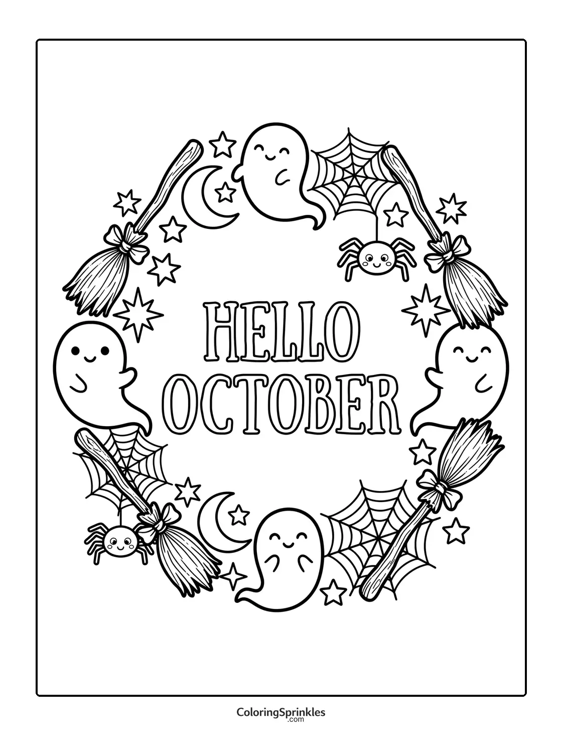 Coloring page of a Hello October wreath with ghosts, brooms, spiders, and webs