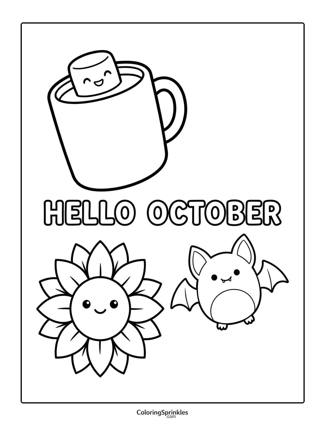 Coloring page of a happy marshmallow in a mug with a sunflower and a bat saying hello October