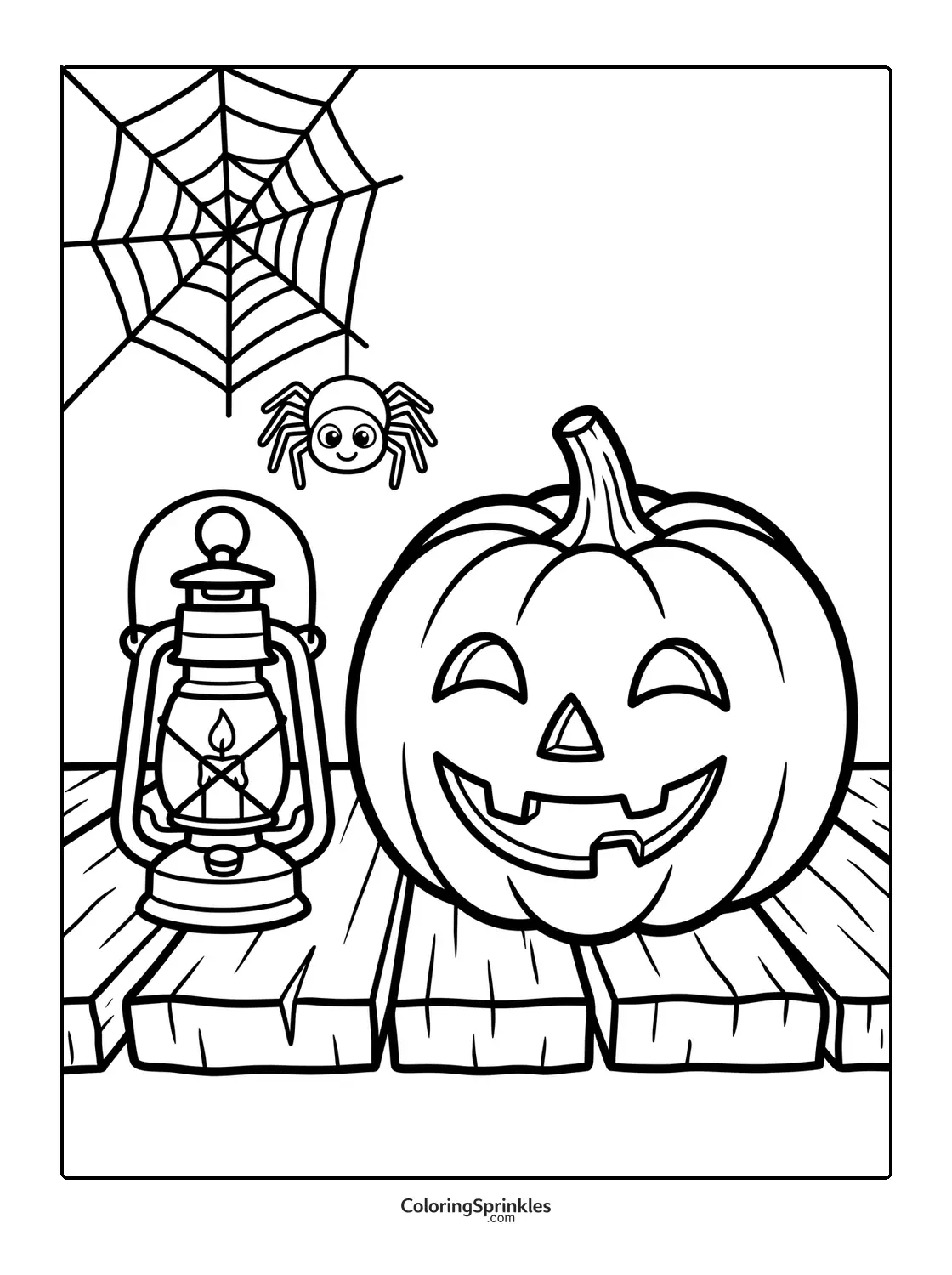 Coloring page of a jack-o-lantern with a spider web and lantern on a wooden floor