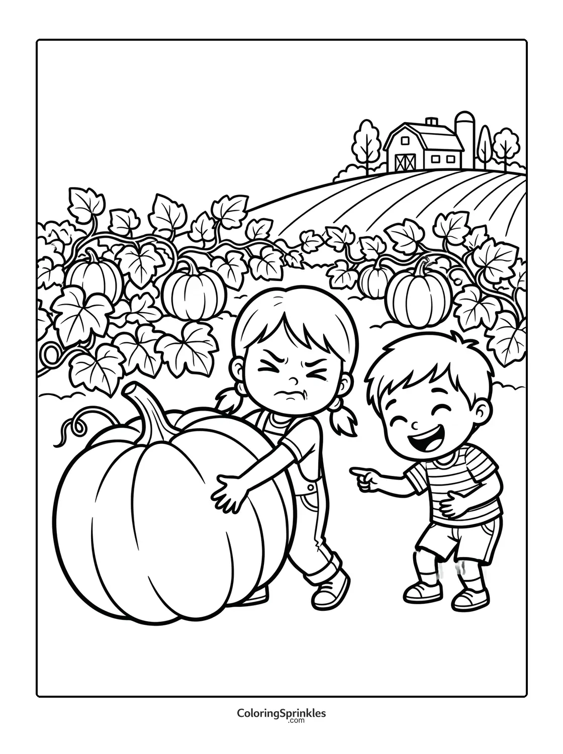 Coloring page of kids in a pumpkin patch on a farm