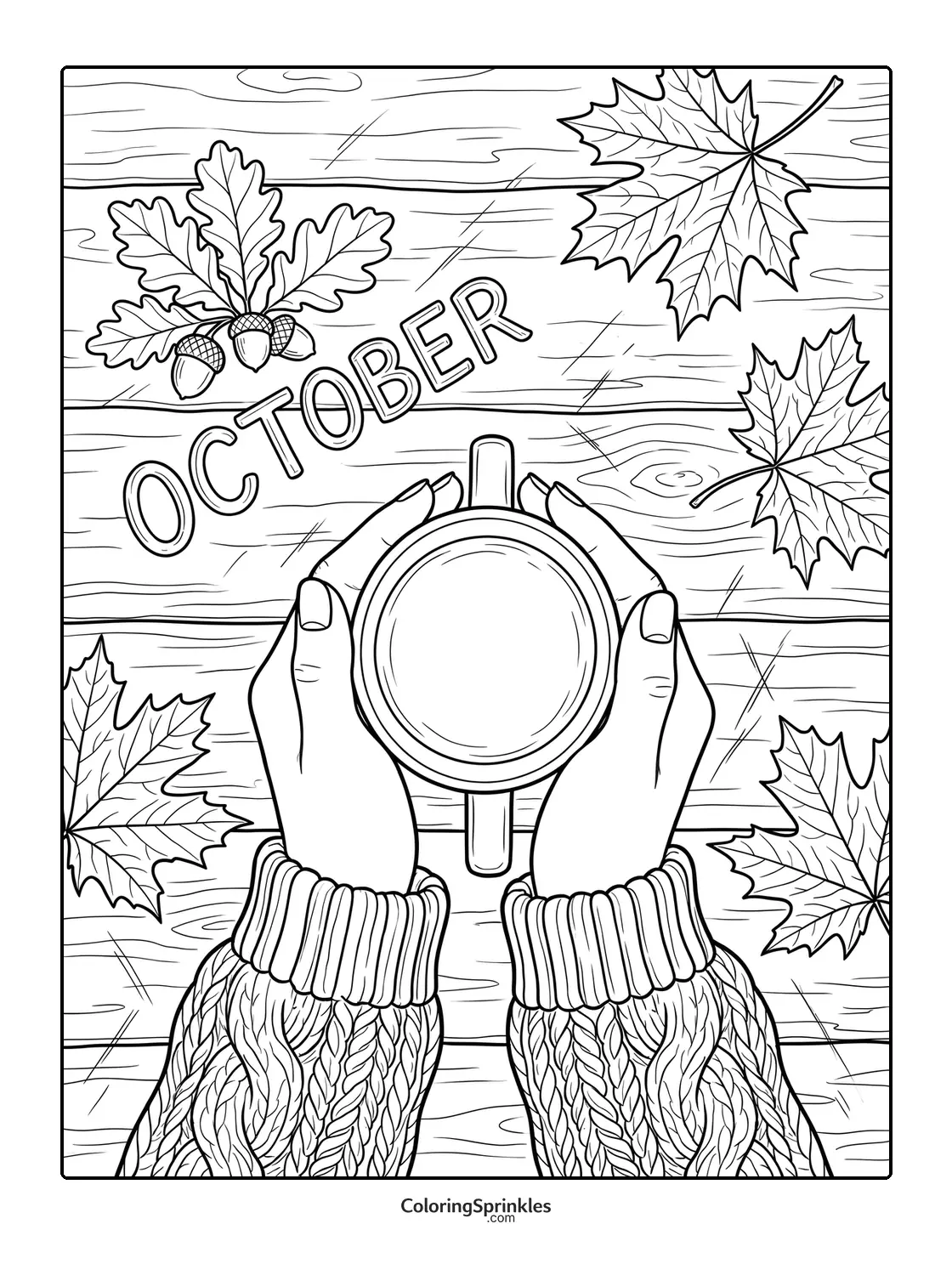 Coloring page of hands holding a coffee cup with autumn leaves and acorns