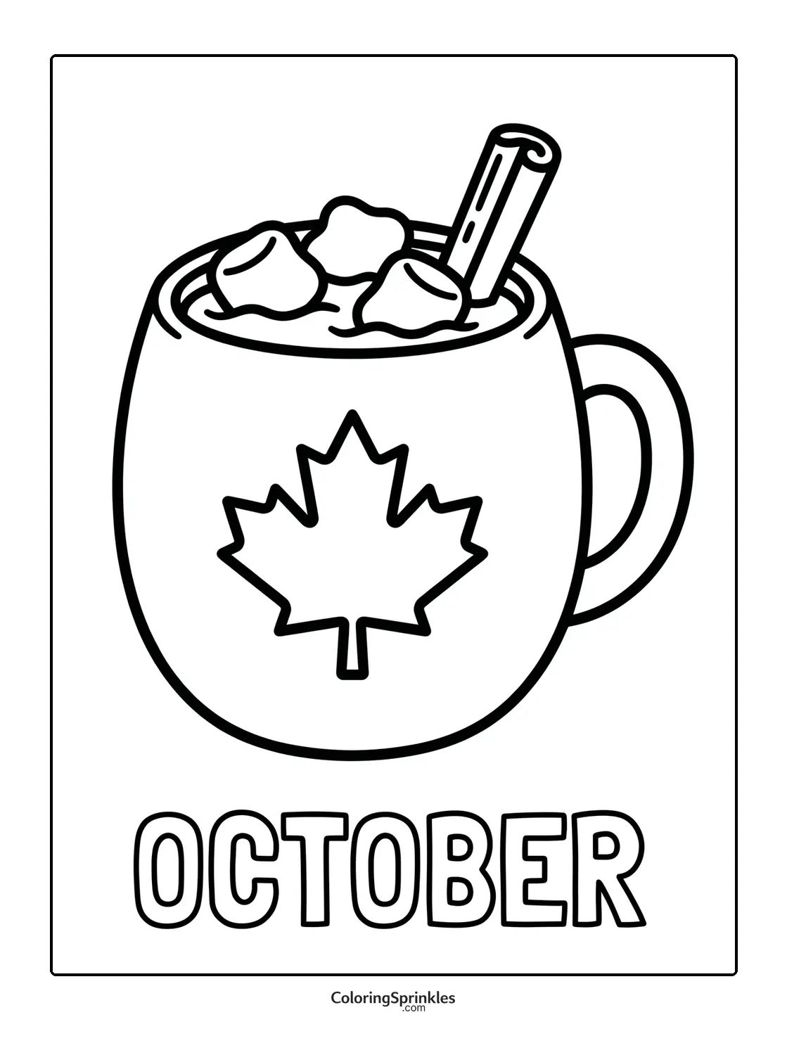 Coloring page of a hot chocolate mug with marshmallows and a maple leaf for October