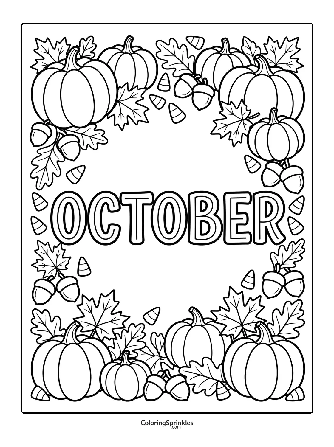 Coloring page of October text surrounded by pumpkins acorns candy corn and leaves