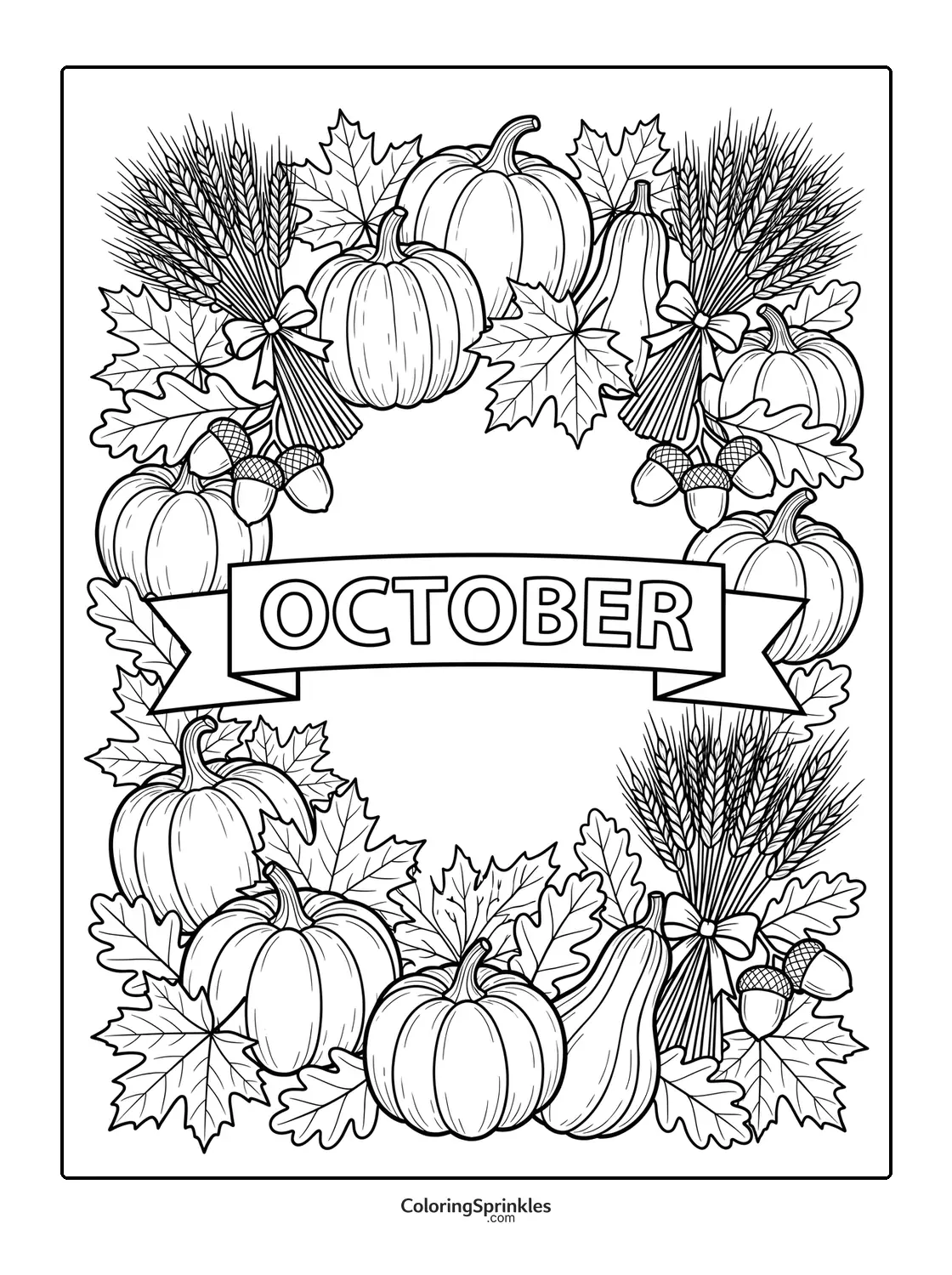 Coloring page of October banner surrounded by pumpkins wheat acorns and leaves