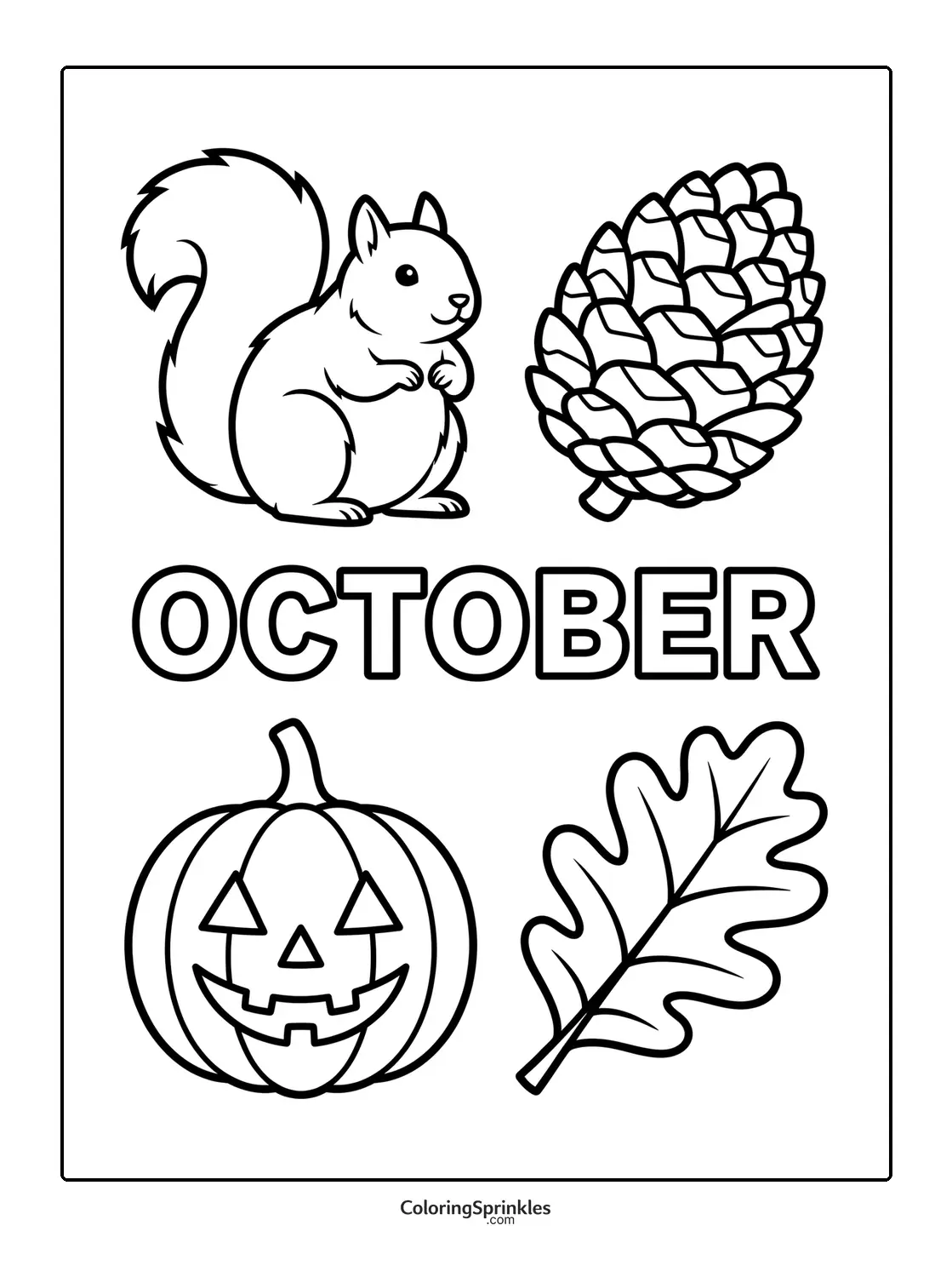 Coloring page of October with a squirrel, pinecone, pumpkin, and leaf