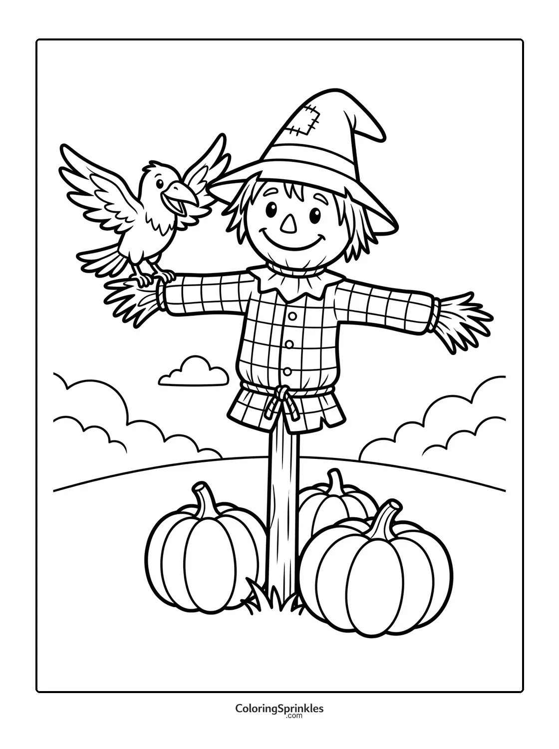 Coloring page of a scarecrow with a bird and pumpkins in a fall field