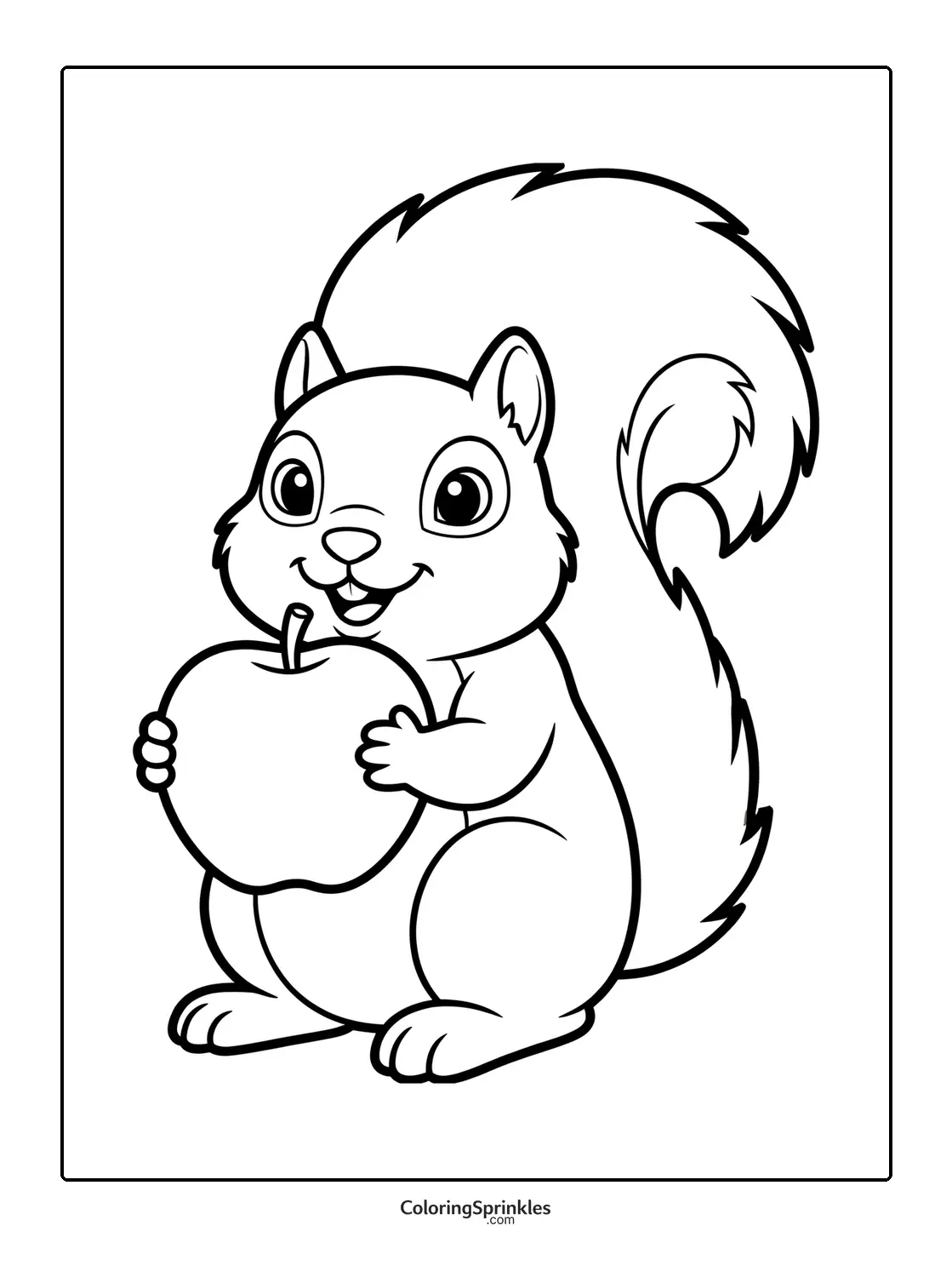 Coloring page of a cute squirrel holding a large apple