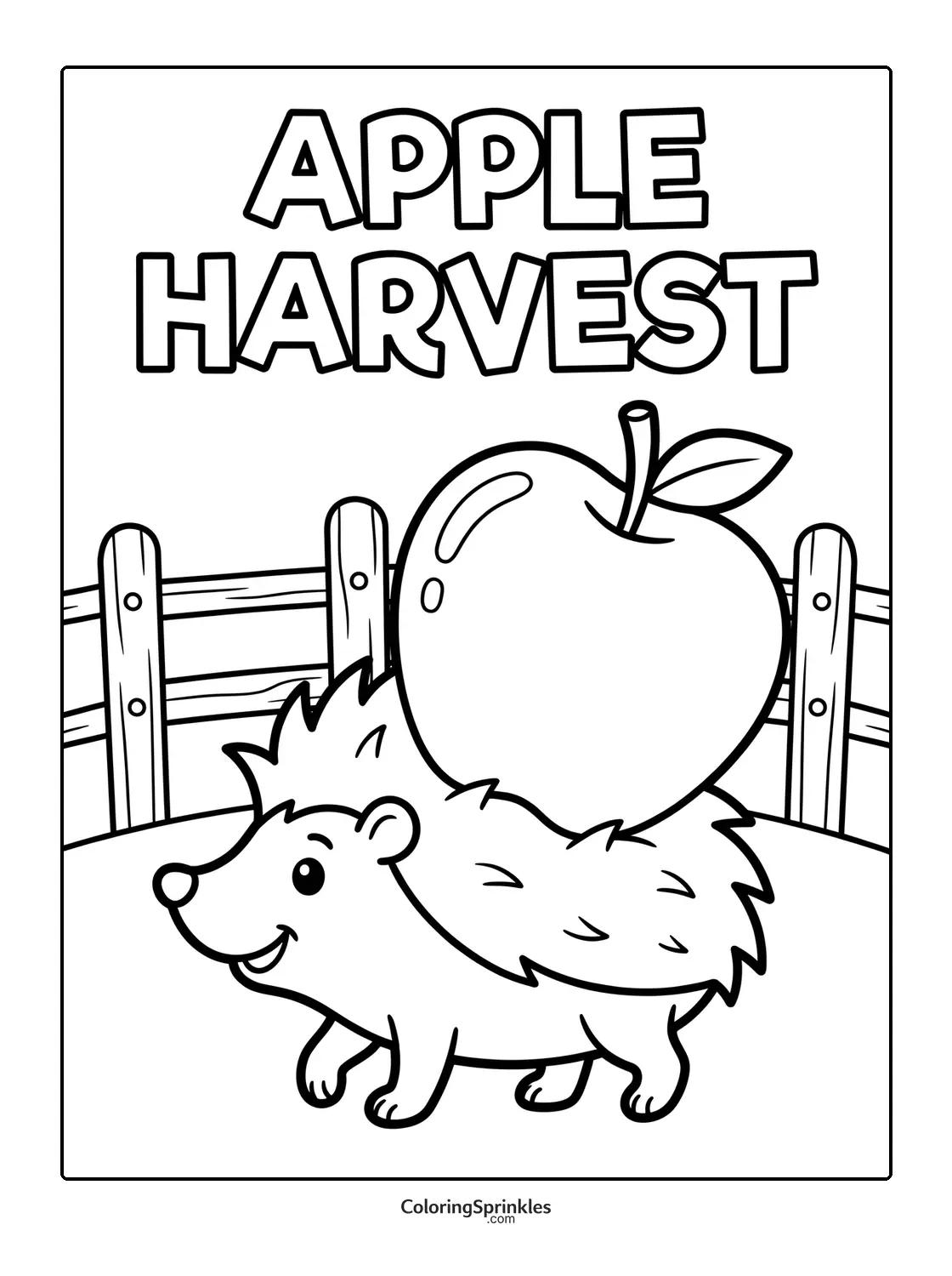 Coloring page of a hedgehog carrying a large apple near a fence