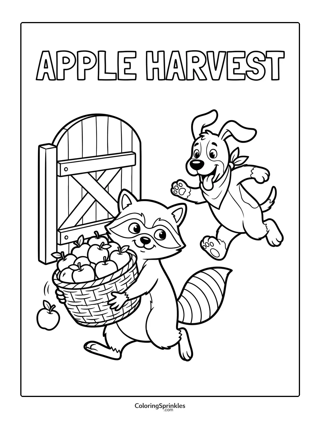 Coloring page of a raccoon carrying a basket of apples with a dog running behind near a gate