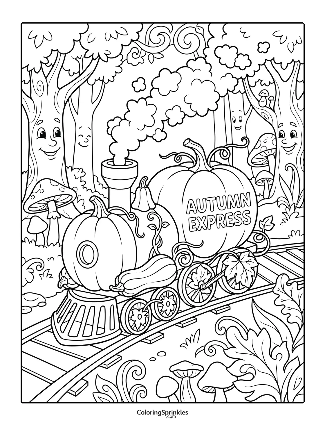 Coloring page of an autumn express pumpkin train in a forest