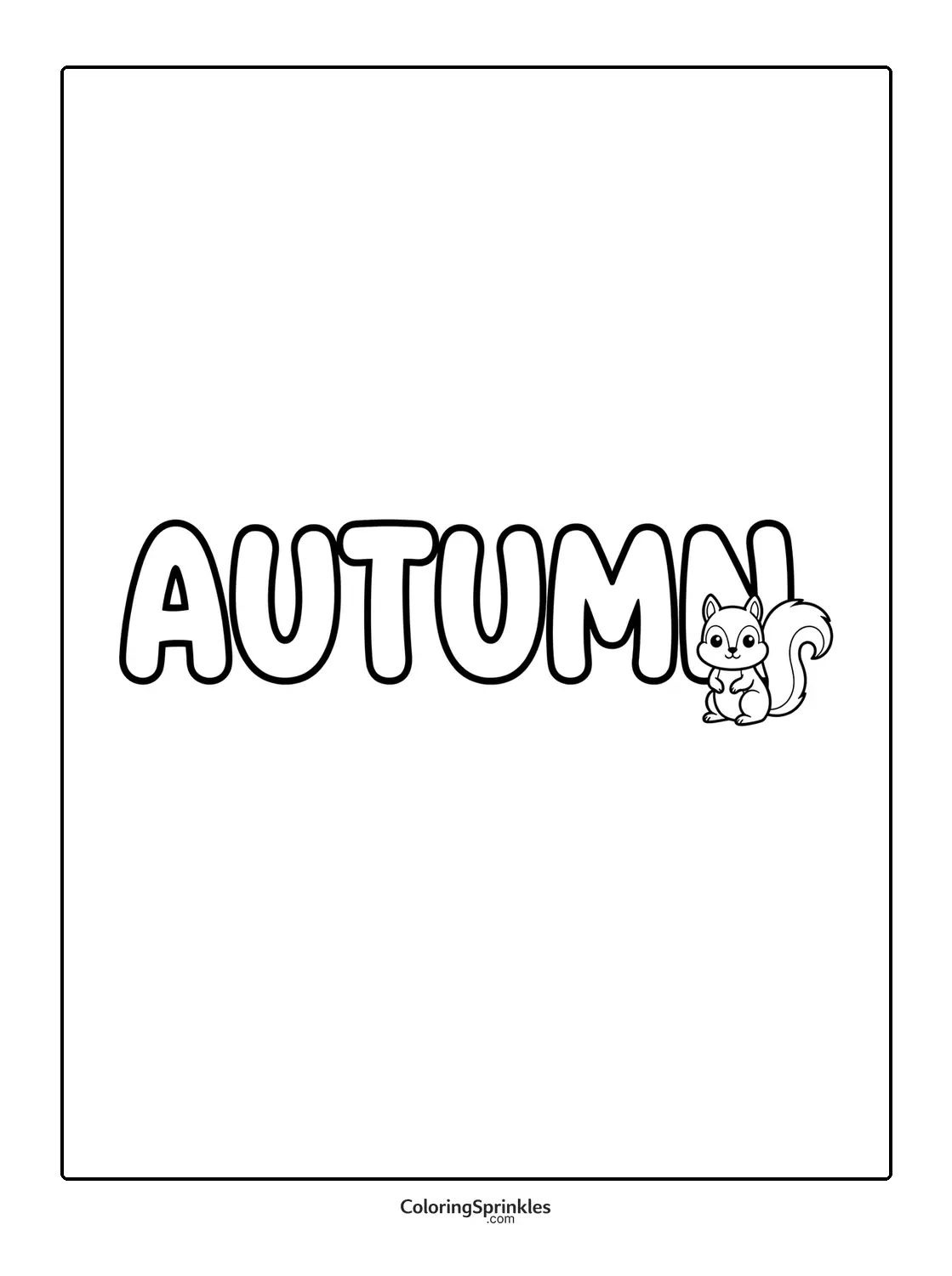 Coloring page of the word autumn with a cute squirrel