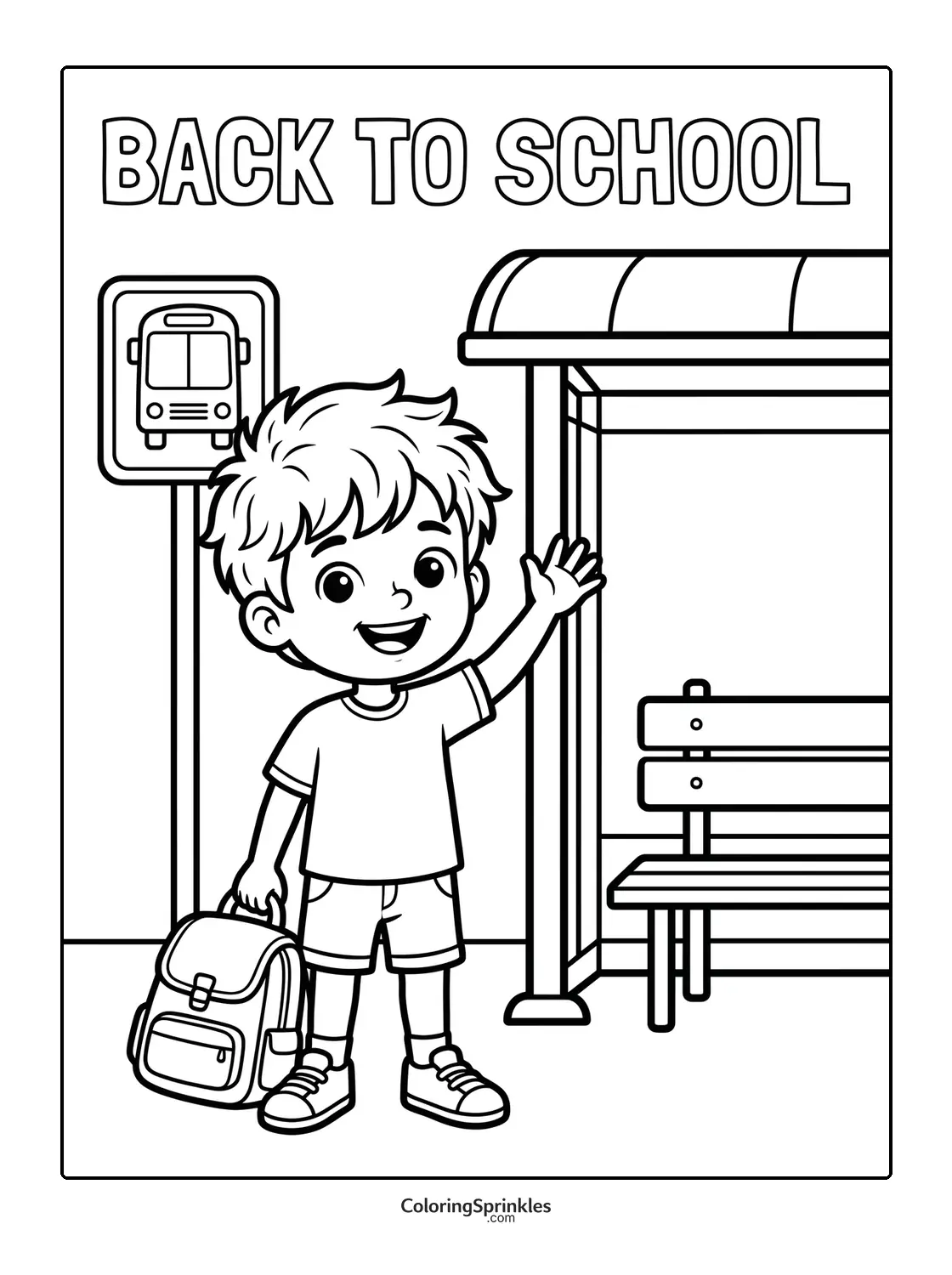 Coloring page of a boy with a backpack at a bus stop