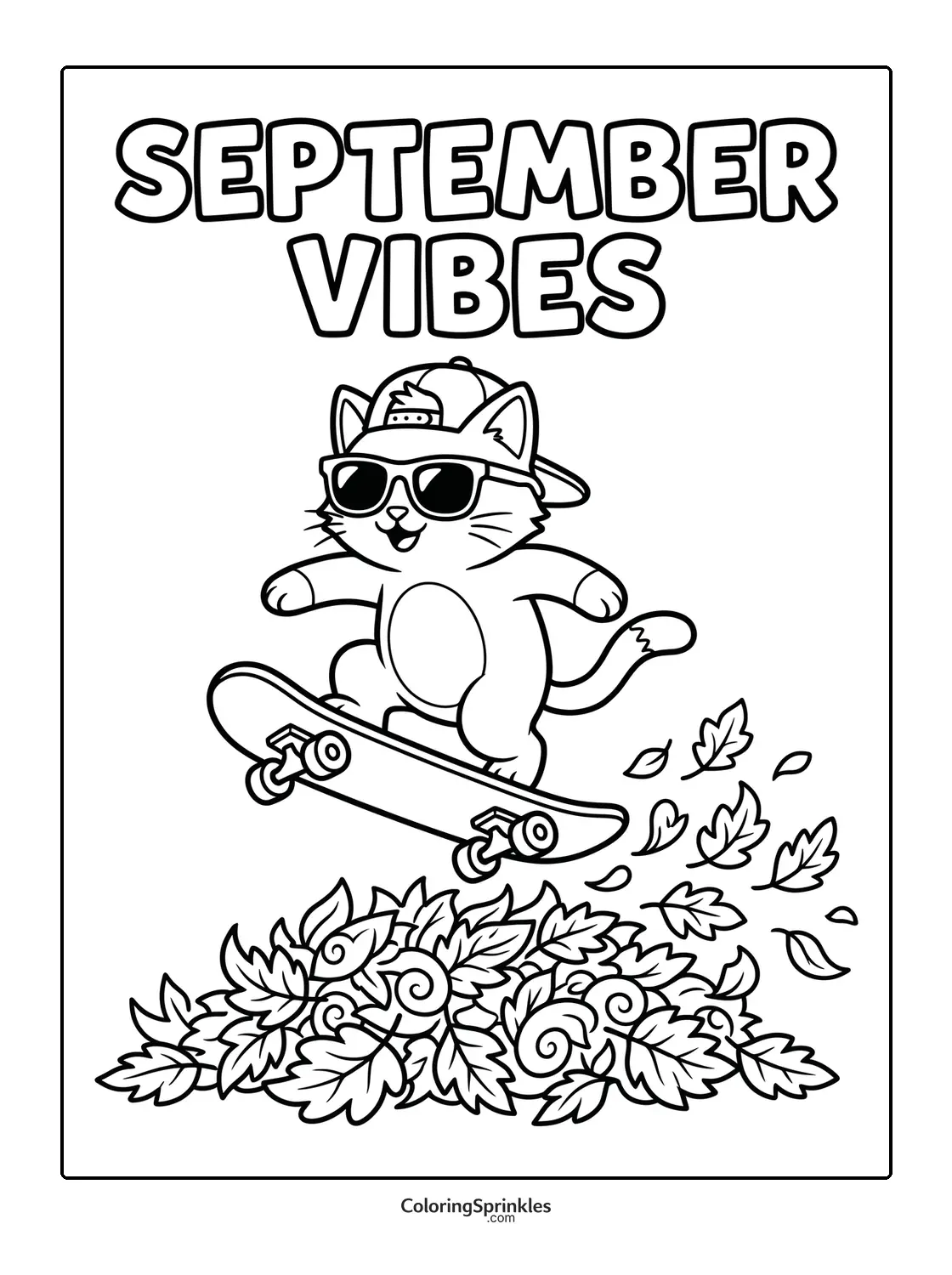 Coloring page of a cat skateboarding over autumn leaves with september vibes text