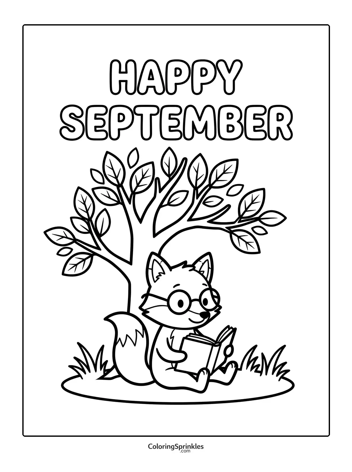 Coloring page of a fox reading a book under a tree with happy september text