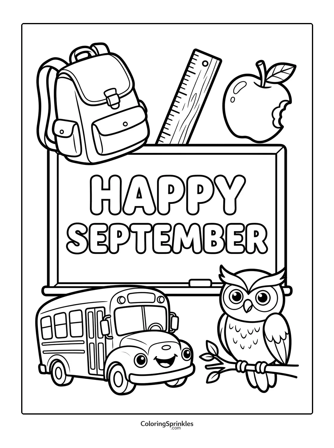 Coloring page of a happy September school scene with a bus, owl, backpack, ruler, and apple