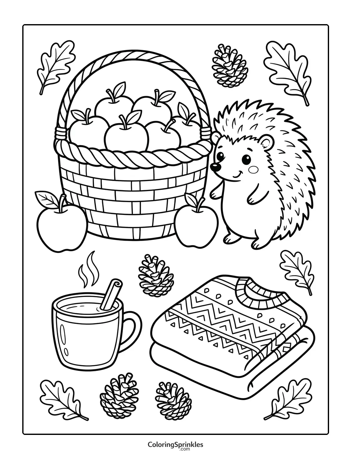 Coloring page of a hedgehog with a basket of apples, a sweater, a cup with cinnamon stick and pinecones