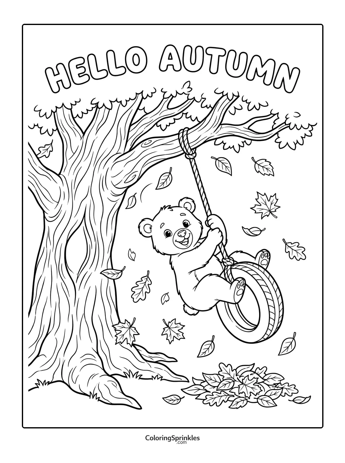 Coloring page of a bear swinging on a tire swing from a tree with falling autumn leaves