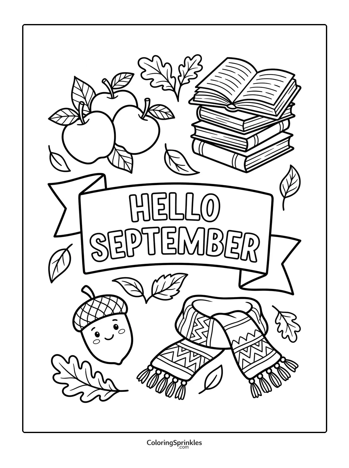 Coloring page of hello September with apples, books, acorn and scarf