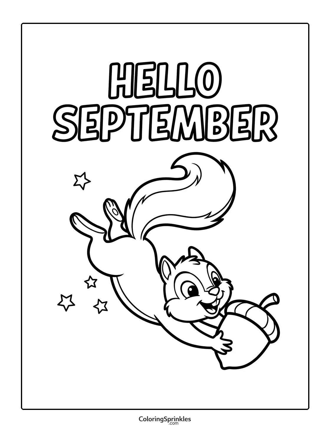 Coloring page of a happy squirrel holding an acorn with stars and hello september text