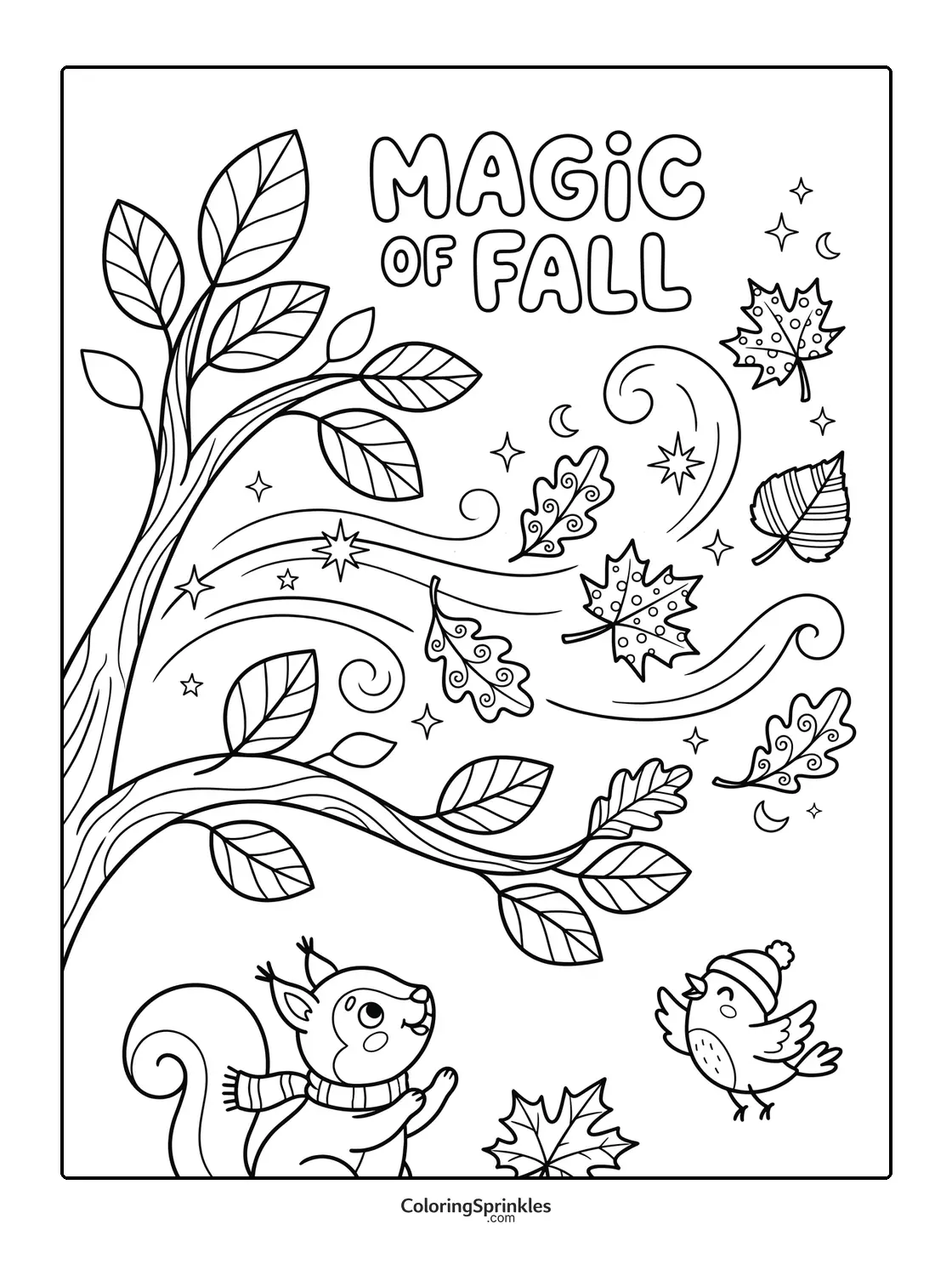 Coloring page of a squirrel and bird enjoying the magic of fall with swirling leaves