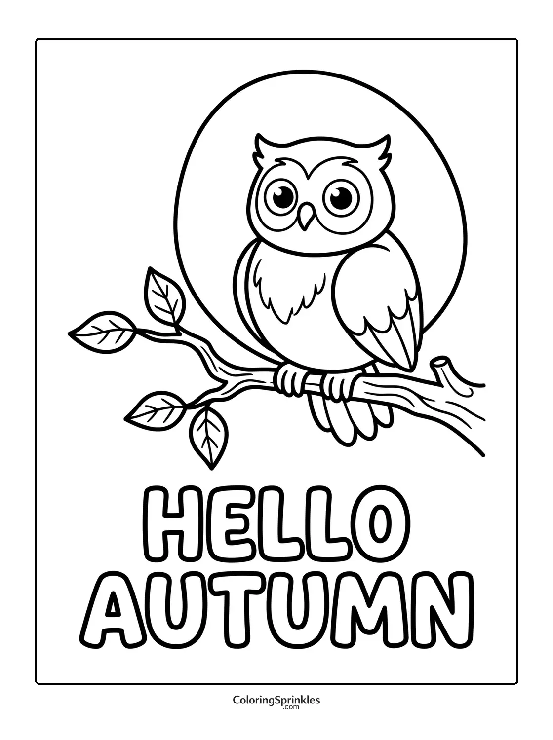 Coloring page of an owl perched on a branch with leaves and the text hello autumn