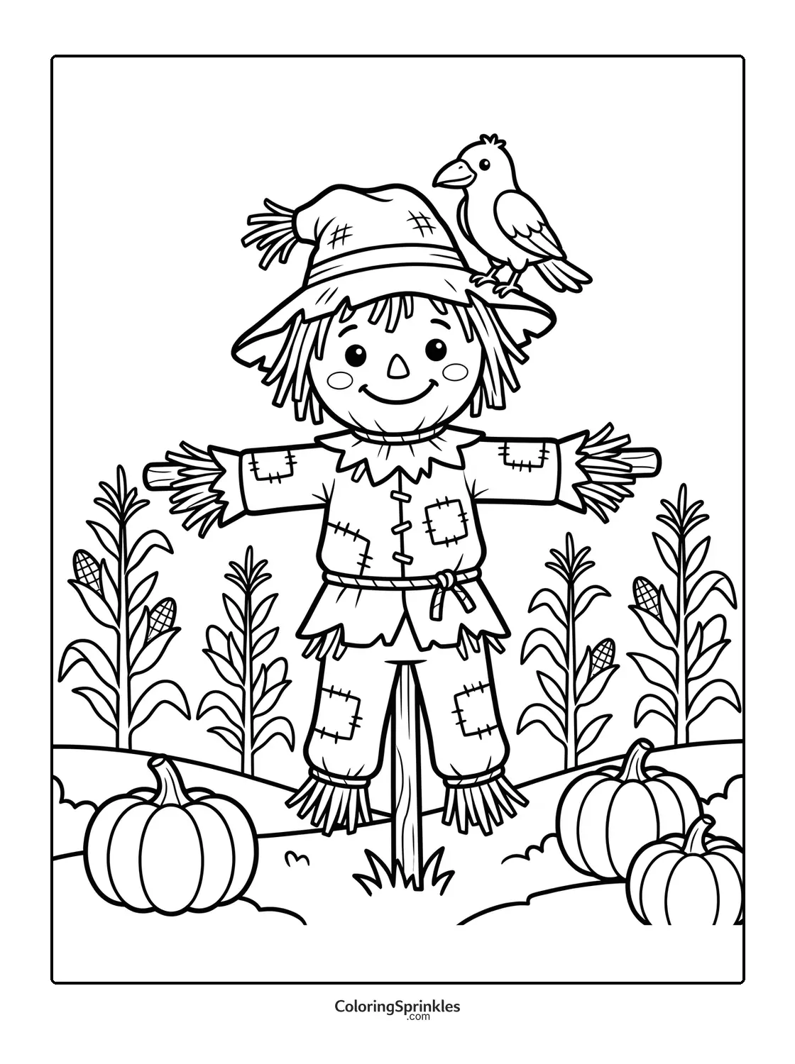 Coloring page of a scarecrow with a bird in a pumpkin patch and cornfield