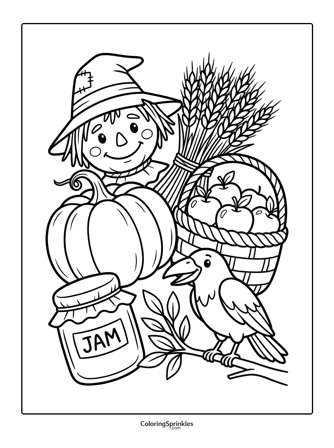 Coloring page of a scarecrow with a pumpkin, basket of apples, jar of jam and a bird