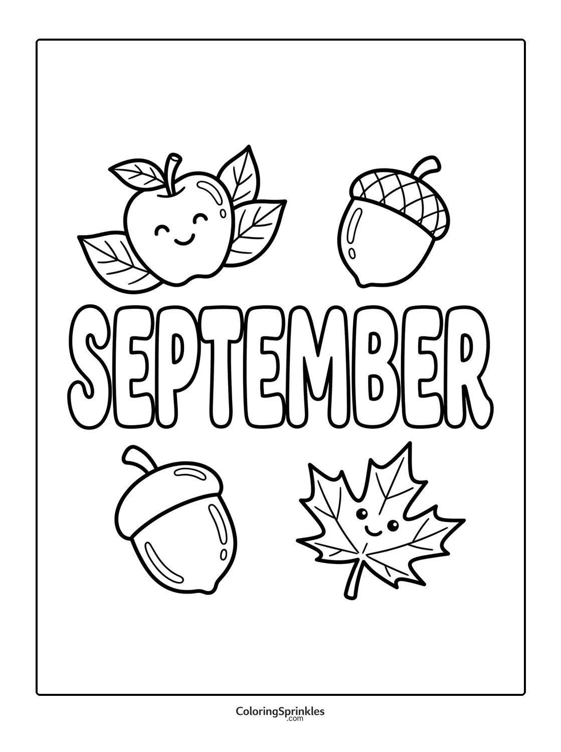 Coloring page of September with an apple, acorns, and a maple leaf