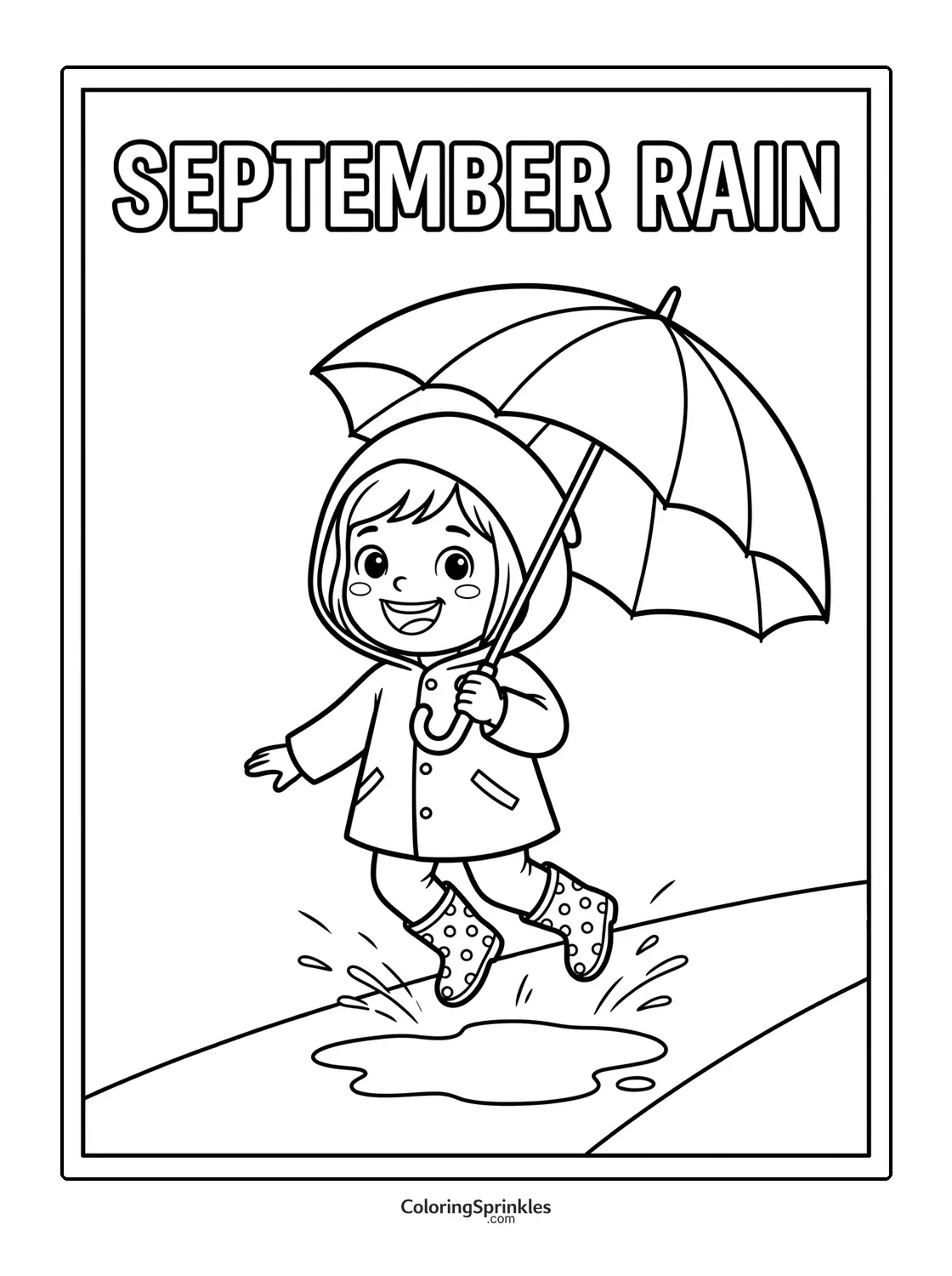 Coloring page of a girl jumping over a puddle with an umbrella in September rain