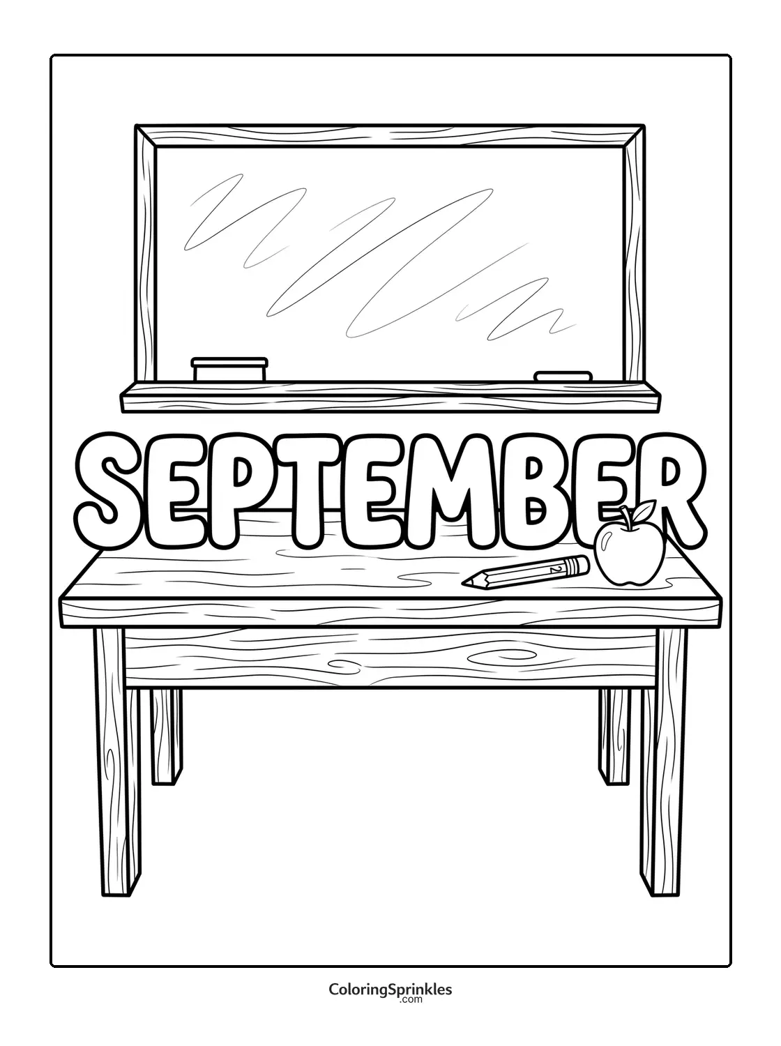 Coloring page of a school desk with September letters, an apple, pencil and blackboard