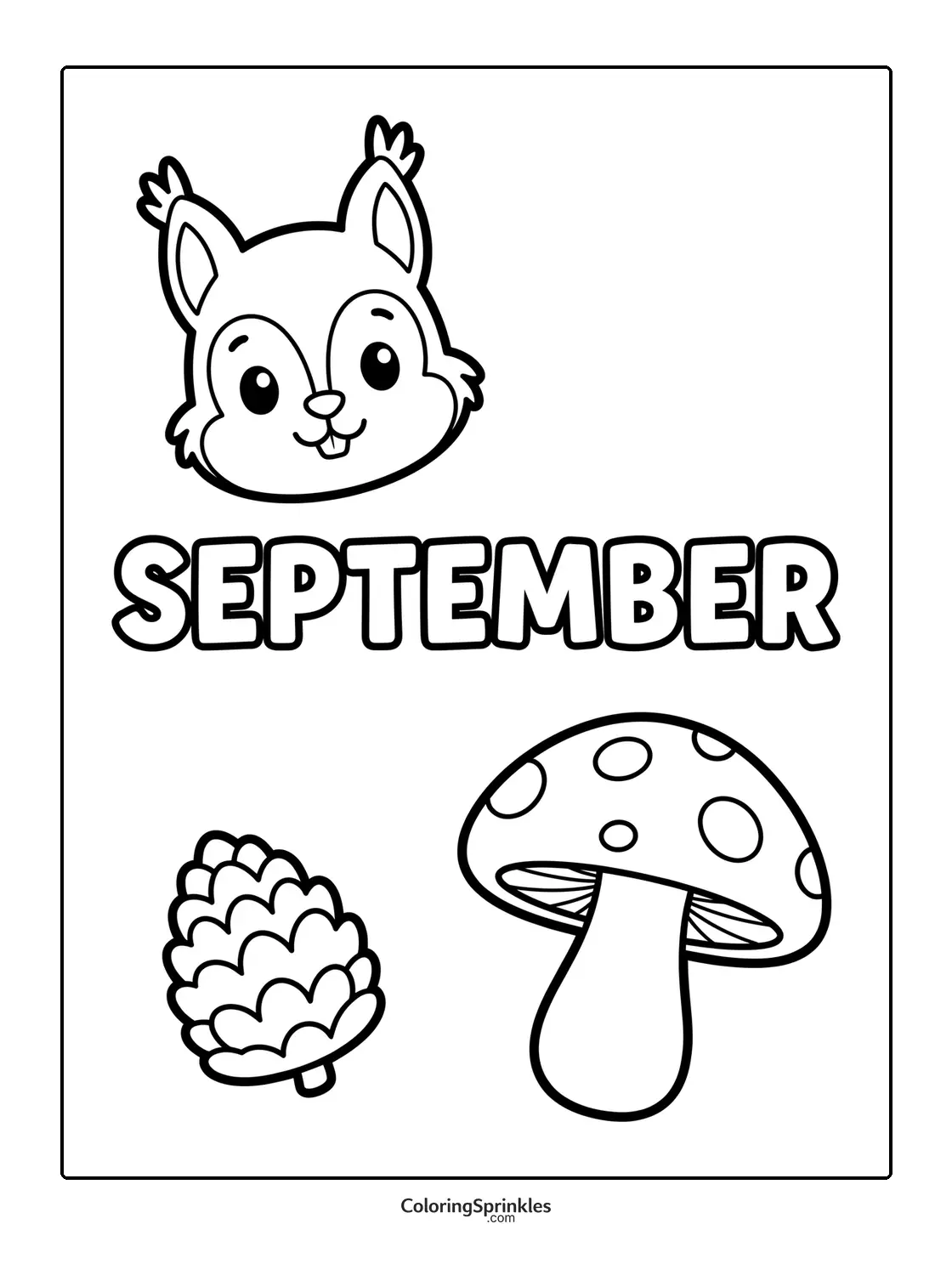 Coloring page of a squirrel head with a pinecone and mushroom for September
