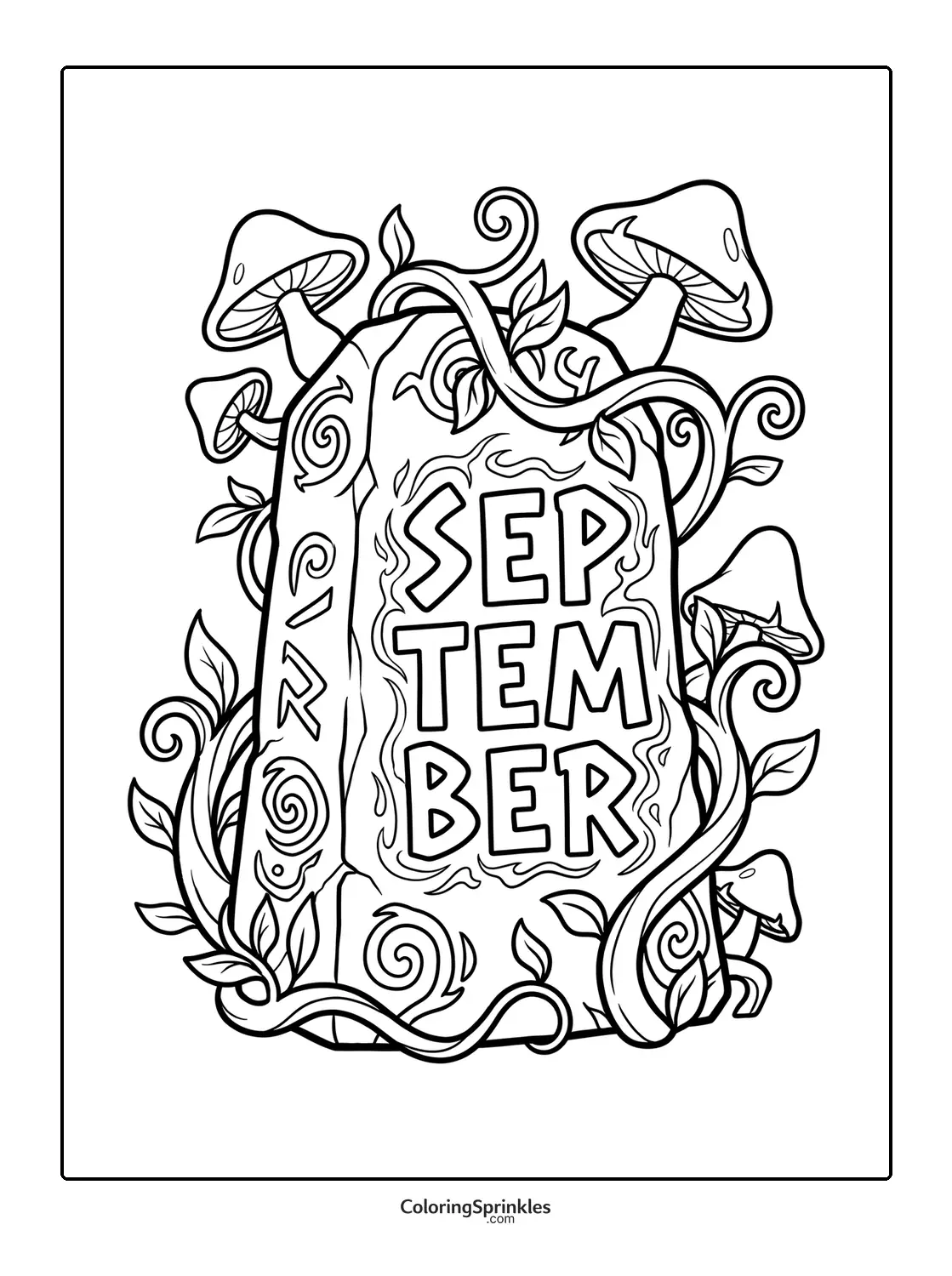 Coloring page of a stone with the word September surrounded by mushrooms and vines