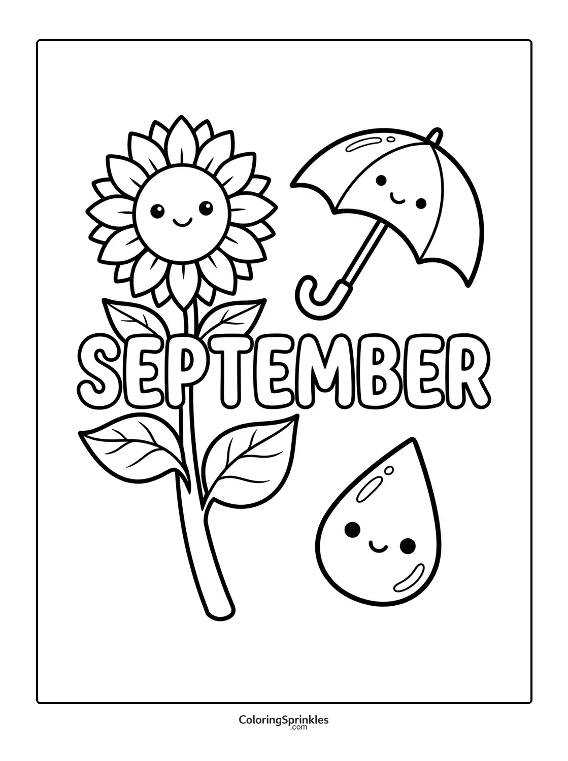 Coloring page of a smiling sunflower, umbrella, and raindrop with the word september