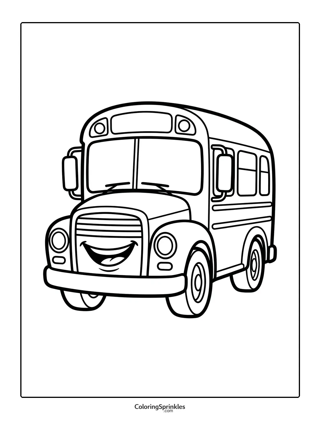 Coloring page of a smiling cartoon school bus