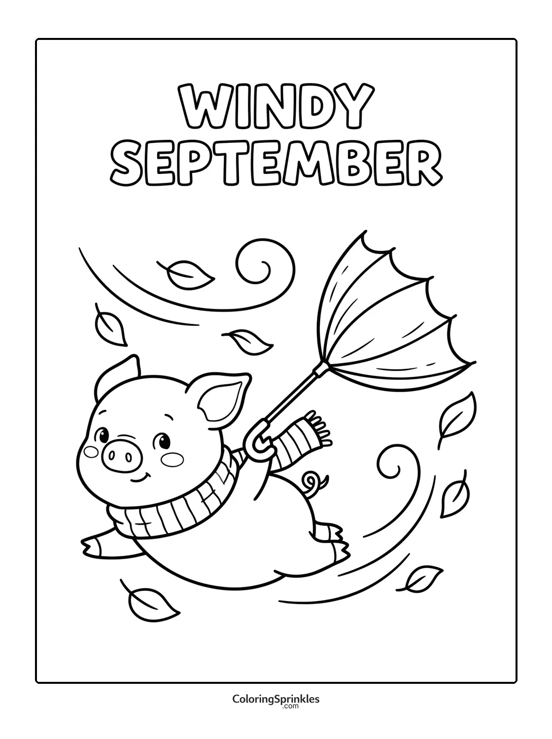 Coloring page of a pig flying with an umbrella in windy September