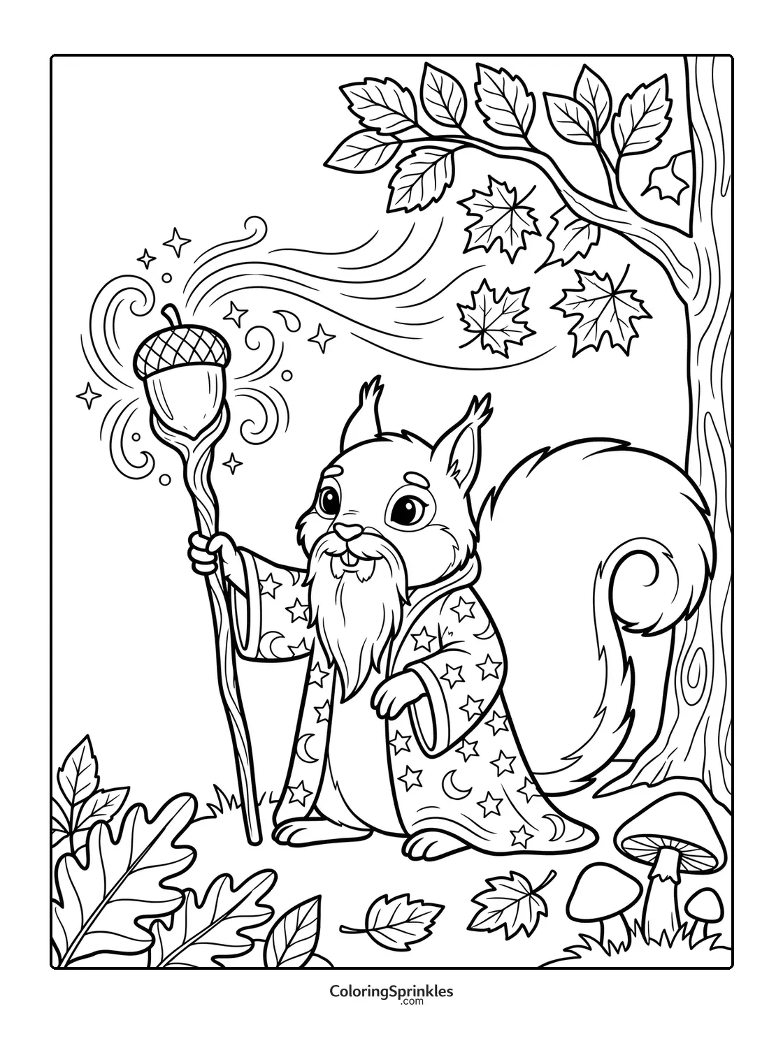 Coloring page of a wizard squirrel holding an acorn staff in an autumn forest