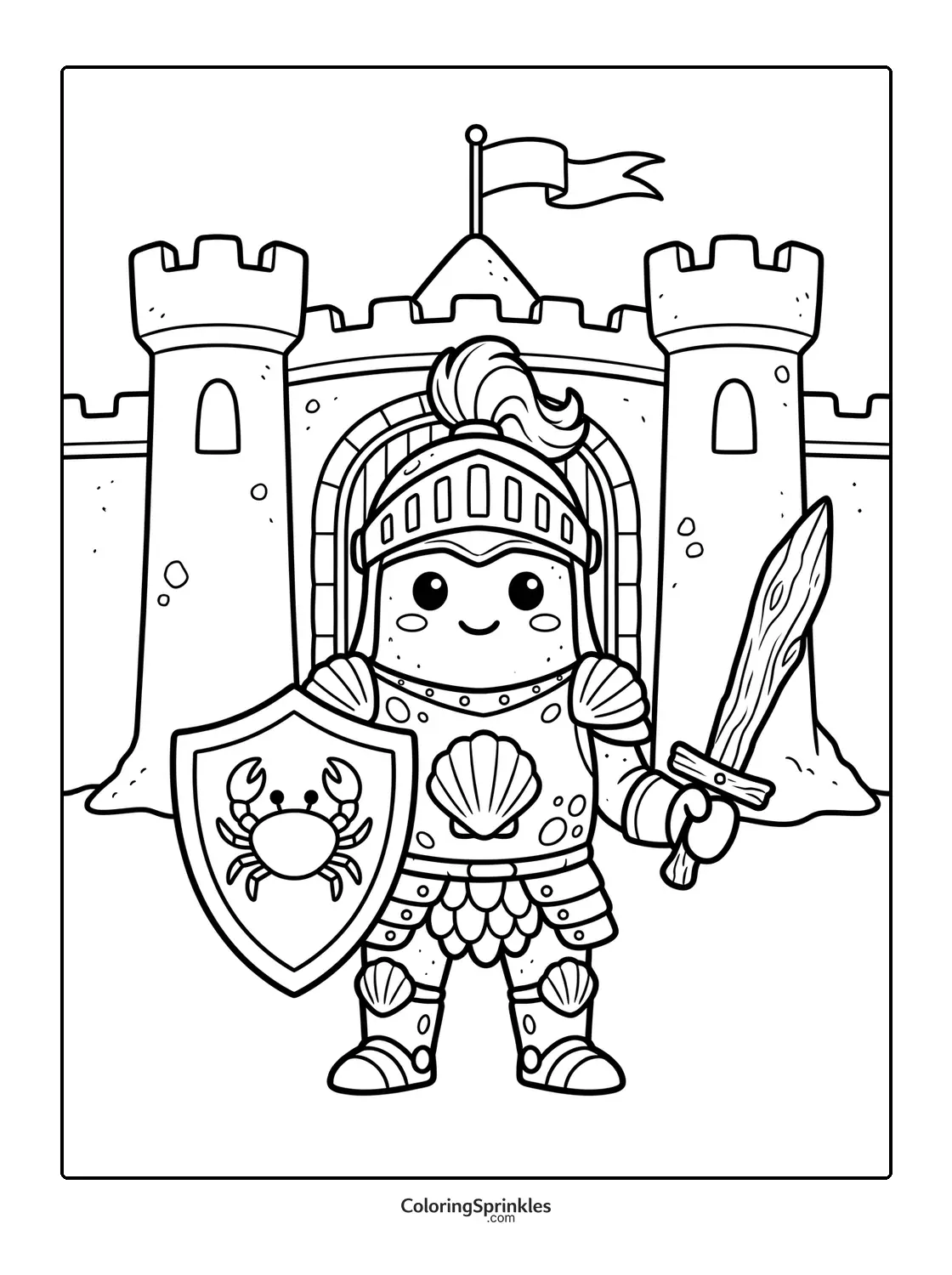 Coloring page of a knight in armor with a shield and sword in front of a sandcastle