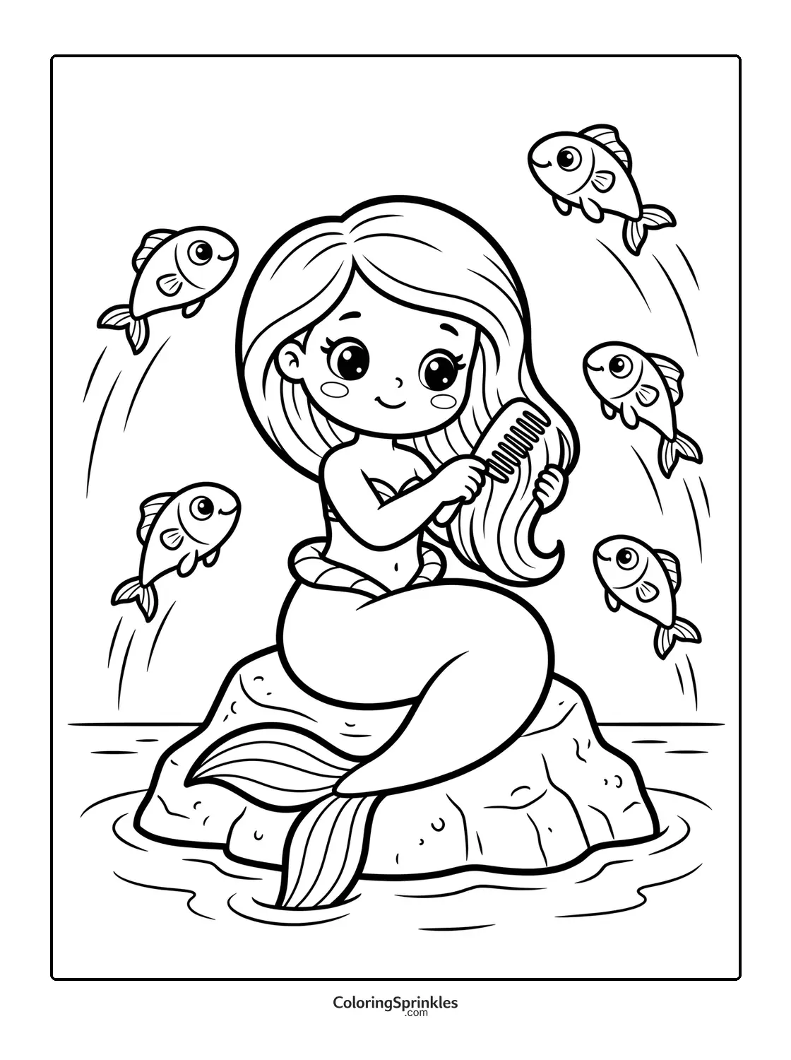 Coloring page of a mermaid combing her hair on a rock surrounded by fish