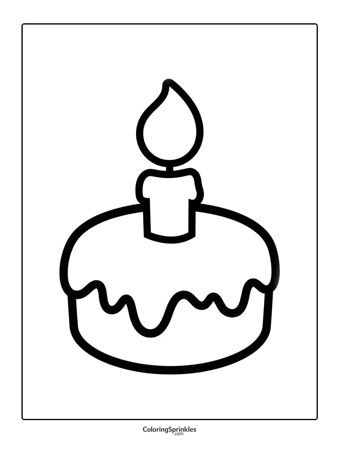 Coloring page of a simple birthday cake with a candle