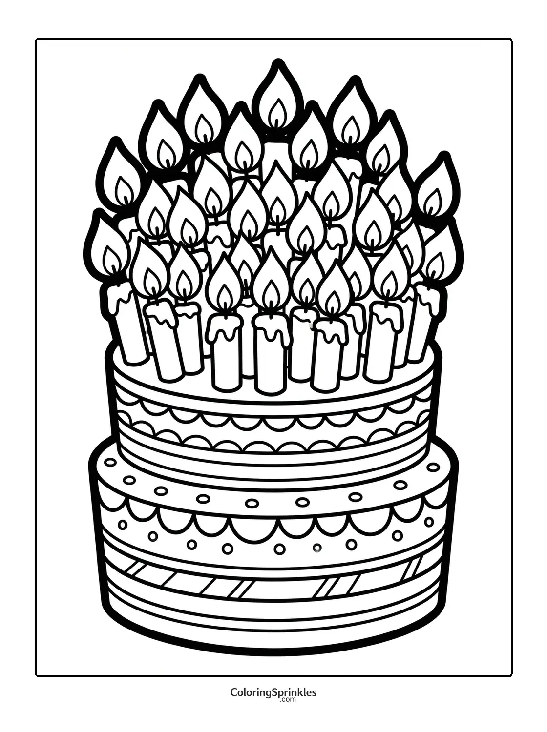 Coloring page of a birthday cake with many lit candles