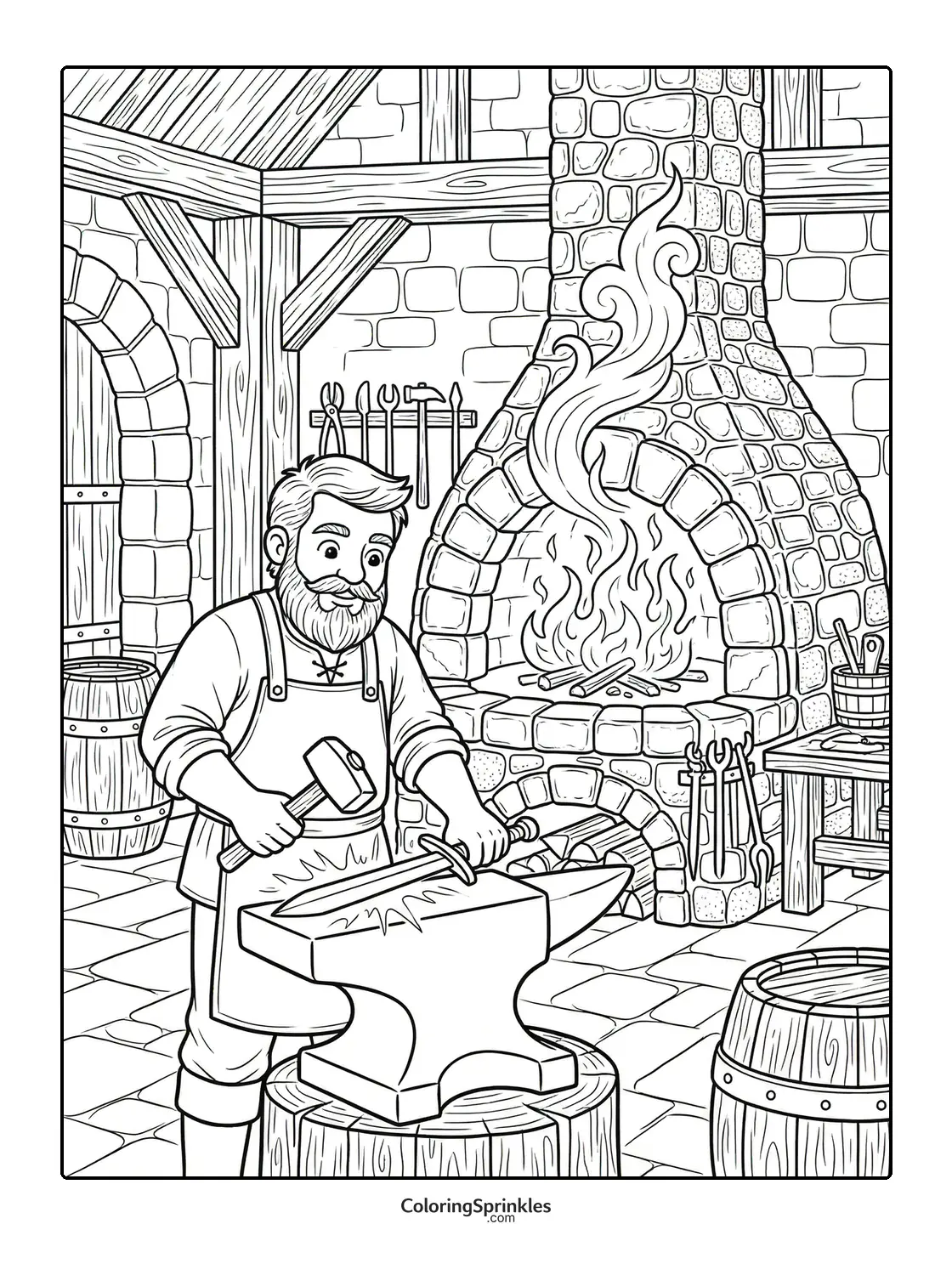 Coloring page of a blacksmith forging a sword by a fireplace