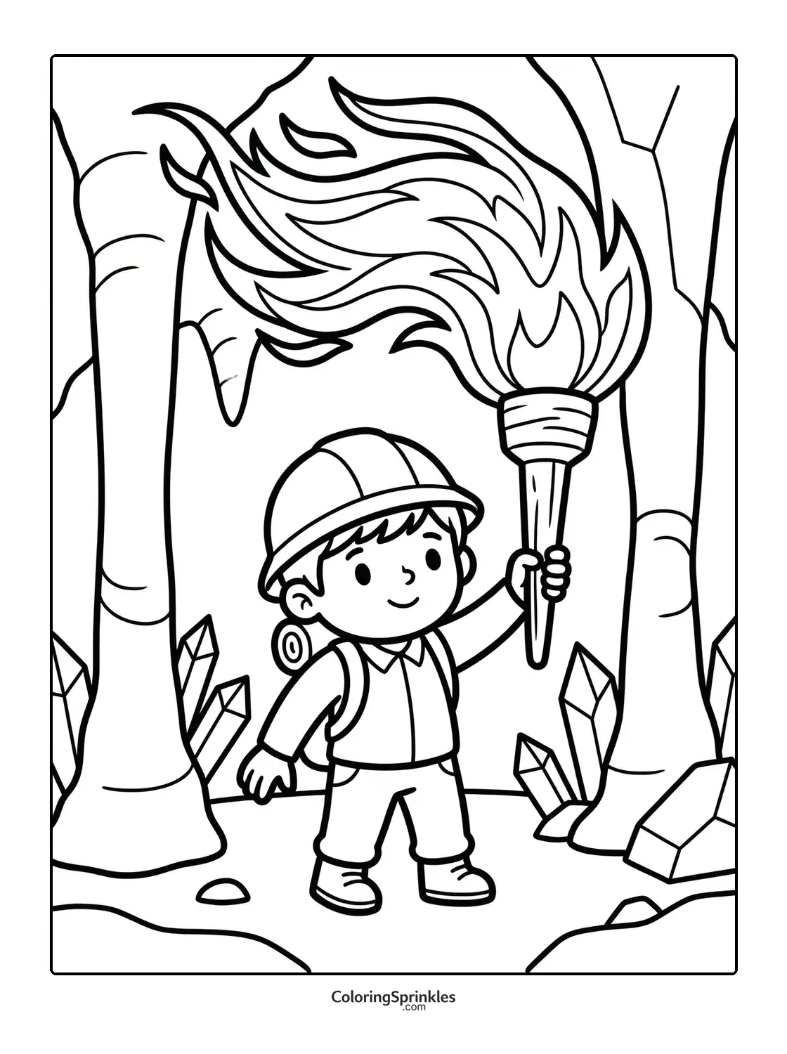 Coloring page of a boy explorer holding a torch in a forest with crystals