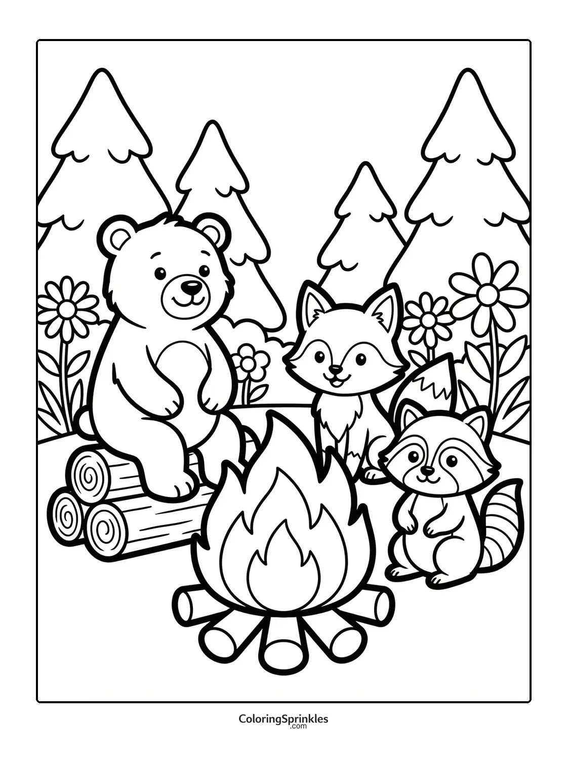 Coloring page of a bear, fox, and raccoon around a campfire in the forest