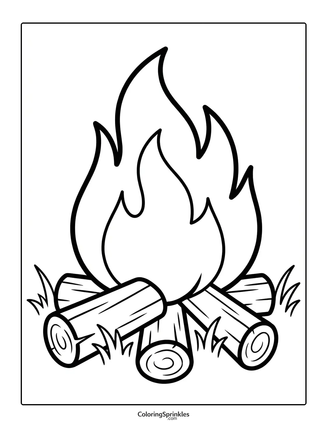 Coloring page of a campfire with logs and grass